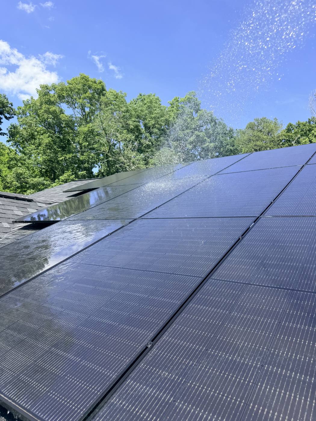 Rinsing solar panels during a roof wash